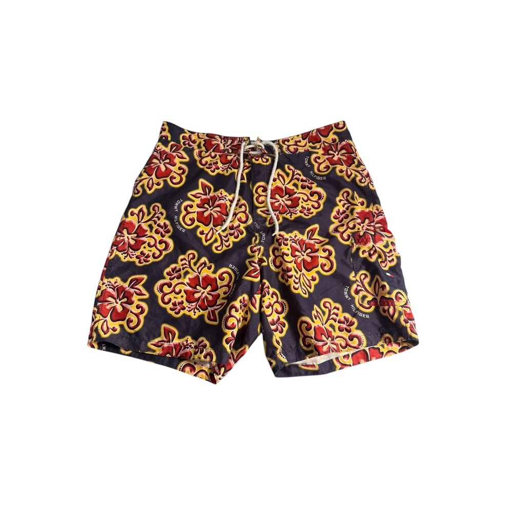 Tommy Hilfiger Mens Floral Hibiscus Swim Trunks Navy Red Yellow Size M 8 Inseam